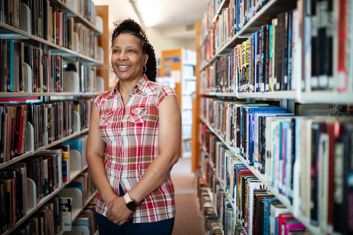 Librarian Theresa Tyree stands for a portrait in the Prescott/Nevada County Library in Prescott, Ark. on Sept. 6, 2023. Photo by Rory Doyle.